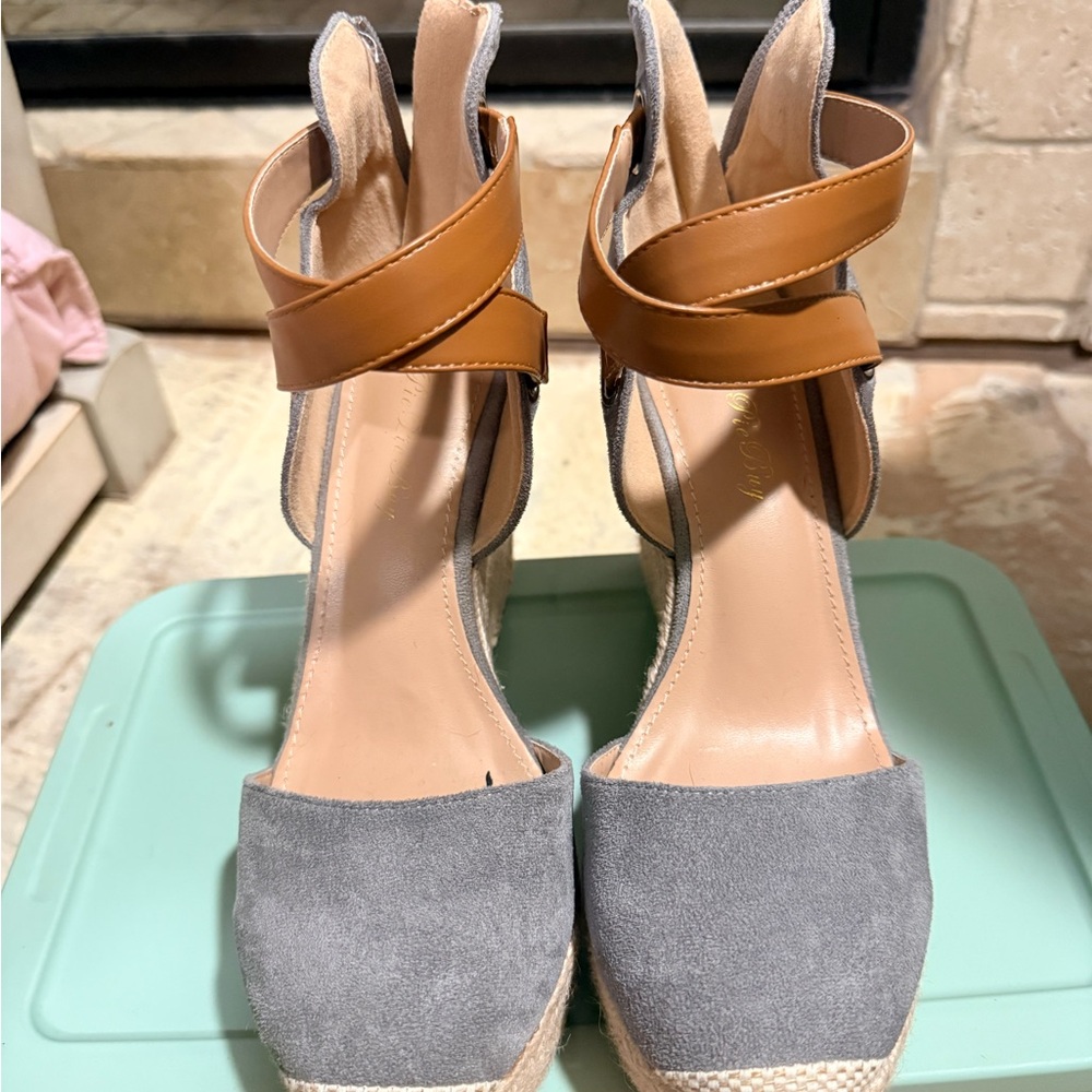 Gray Suede Espadrille Wedges with Tan Ankle Straps